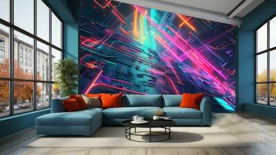 Futuristic neon-lit abstract digital art featuring a glowing geometric shape above a circuit board Wall mural