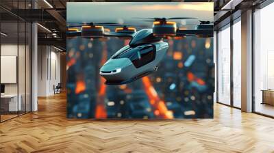 Futuristic Personal Air Vehicles Soaring Over Smart Cities with a Stunning Glow in a 3D Rendered Landscape Wall mural