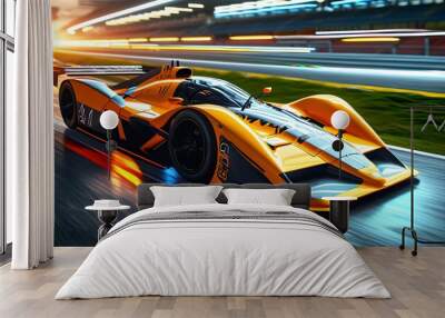 Futuristic race car with dynamic light trails zooming through a sleek, modern track Wall mural