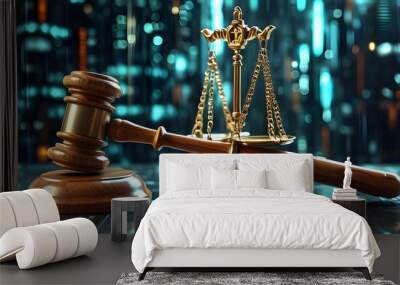 Futuristic representation of law and technology featuring a gavel and scales of justice against a digital backdrop Wall mural