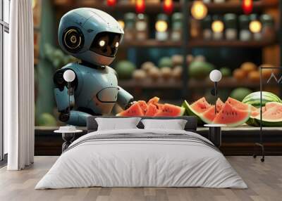 Futuristic robot at counter presenting watermelon purchase options in a vibrant market setting Wall mural