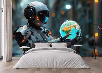 Futuristic robot presenting glowing globe, representing technology and innovation in a digital landscape Wall mural