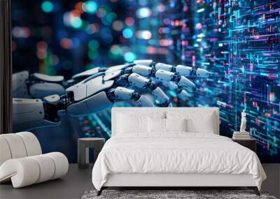 Futuristic robotic hand interacting with keyboard, highlighting advancements in artificial intelligence technology Wall mural