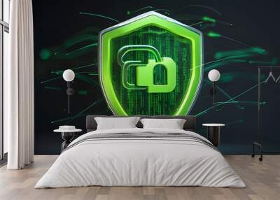 Futuristic shield icon with green binary code and network connections highlighting secure networking in a vibrant color scheme Wall mural