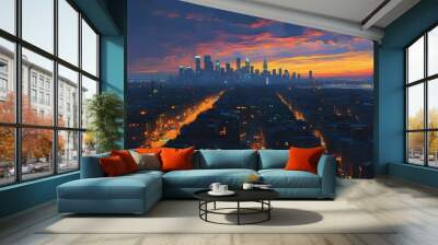 Futuristic skyline immersed in vibrant city lights, capturing the essence of modernity and a symphony of urban nightscapes at dusk Wall mural