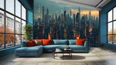 Futuristic skyline of a vibrant digital city illuminated by neon lights Wall mural