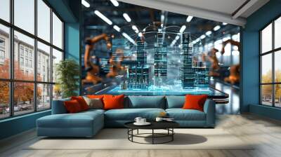 Futuristic smart factory concept featuring advanced industrial Internet of Things with 3D holographic displays of automation and technology integration in manufacturing Wall mural