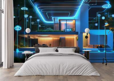 Futuristic smart home vision featuring a modern house adorned with digital icons and illuminated blue connections Wall mural