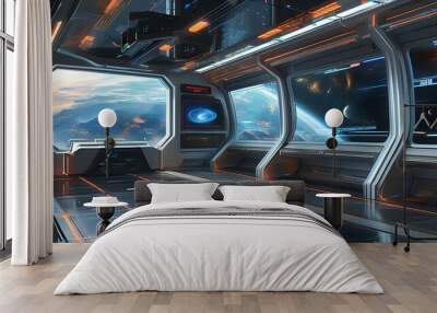 Futuristic space station interior featuring sleek architecture and vibrant holographic displays of distant galaxies and planetary systems Wall mural