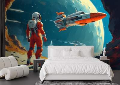 Futuristic spaceship character illustration set against a vibrant and imaginative background Wall mural