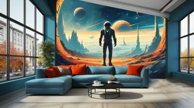 Futuristic spaceship character illustration set against a vibrant and imaginative background Wall mural