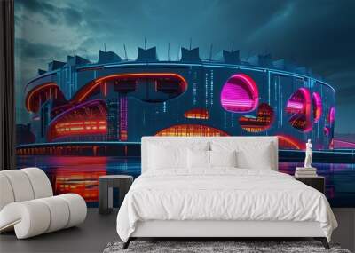 Futuristic stadium design featuring vibrant neon lights in a digital landscape Wall mural