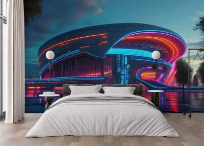 Futuristic stadium design featuring vibrant neon lights in a digital landscape Wall mural