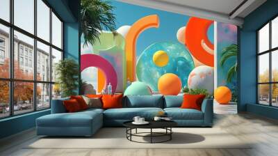 Futuristic Wellness Vision with Hyper-Realistic Health Activities and Vibrant Abstract Colors and Shapes Wall mural