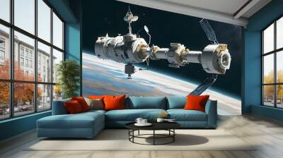 Geomodule Satellite in Lunar Orbit with Three-Axis Structure Against the Cosmic Backdrop Wall mural