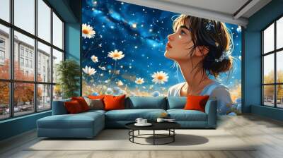 Girl in Flower Field Beneath Starry Sky, Symbolizing Hope and Faith Through Generative AI Art Wall mural