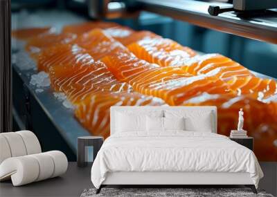 Glistening fish fillets on a production line showcasing precision and efficiency in modern food processing Wall mural