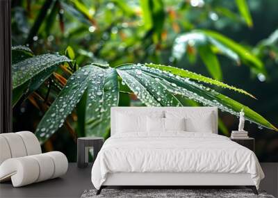 Glistening raindrops adorning vibrant green bamboo leaves under the radiant sunlight Wall mural