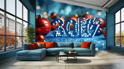 Glittering Christmas Sale Announcement on Vibrant Blue Background with Festive Ornaments and Decorations Wall mural