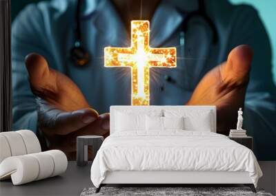 Glittering Medical Cross Symbol Held by Doctors Hand, Emphasizing Healthcare and Support Wall mural