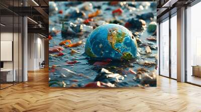 Globe immersed in a sea of plastic waste, illustrating the profound effects of pollution on Earth Wall mural