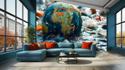 Globe immersed in a sea of plastic waste, illustrating the profound effects of pollution on Earth Wall mural