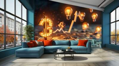 Glowing budget planning visualization featuring illuminated dollar signs, vibrant dollar bills, and a shining income graph with a bright light bulb Wall mural