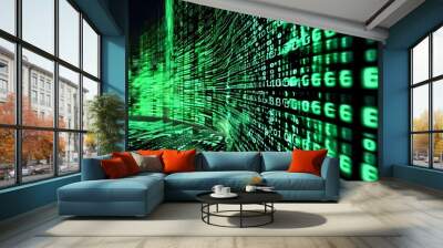 Glowing Green Binary Code on Dark Abstract Digital Background Wall mural