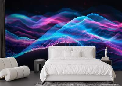 Glowing wave of blue and purple particles in vibrant abstract digital art Wall mural