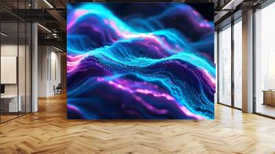 Glowing wave of blue and purple particles in vibrant abstract digital art Wall mural