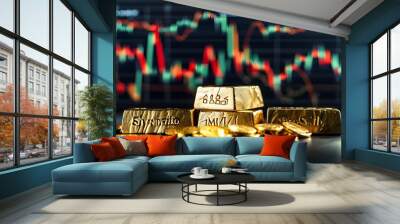 Gold Nuggets and Financial Charts: A Symbol of Wealth and Market Trends Wall mural