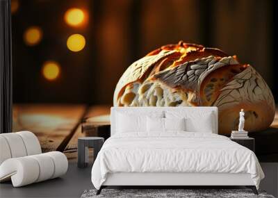 Golden crusted loaf of bread resting on a rustic wooden table illuminated by soft, warm light Wall mural