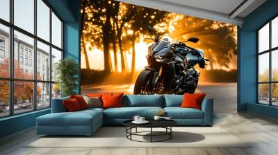 Golden Hour Thrill: Sports Motorcycle Journey on Asphalt at Sunset Wall mural