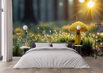 Golden morel mushroom glistening with dew in a sunlit grass field, symbolizing natures beauty and the magic of morning light Wall mural