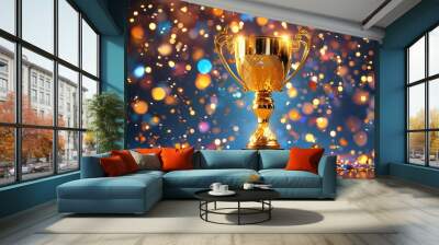 Golden trophy adorned with sparkling confetti and bokeh lights, representing triumph and joyous celebration Wall mural