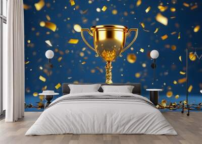 Golden trophy on blue background with gold confetti celebrating success and achievement in competition and sports Wall mural