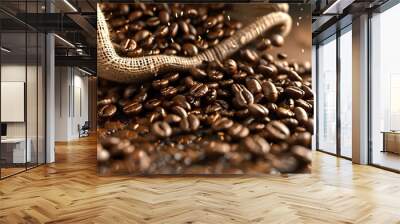 Gourmet Coffee Experience with Spilled Beans and Burlap Texture in a Stunning 3D Render Wall mural