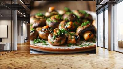 Gourmet grilled mushrooms with fresh herbs on a plate, celebrating vegetarian cuisine, healthy eating, and culinary artistry Wall mural