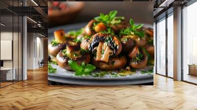 Gourmet grilled mushrooms with fresh herbs on a plate, celebrating vegetarian cuisine, healthy eating, and culinary artistry Wall mural