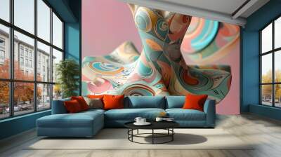 Graceful ballerina figurine adorned with swirling patterns and abstract geometric shapes in a pastel-colored digital illustration rich in detail Wall mural