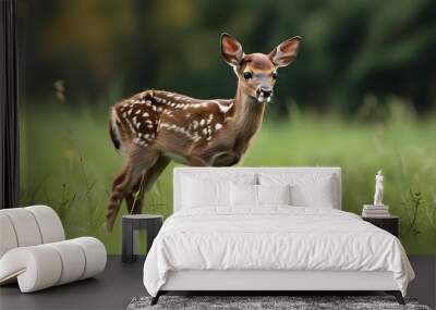 Graceful fallow deer fawn nestled in lush green grass Wall mural