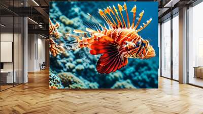 Graceful lionfish gliding through a vibrant coral reef, surrounded by colorful corals and marine life Wall mural