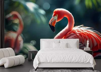 Graceful red American flamingo amidst softly blurred natural scenery Wall mural