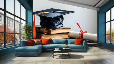 Graduation hat and diploma resting on books atop a dark table with a clean white backdrop Wall mural