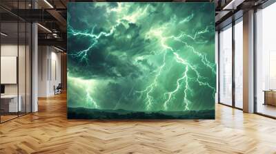 Green lightning storm illustrating natures power and chaos with bright flashes of light and energy Wall mural