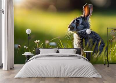 Grey rabbit resting in a sunny pastoral grass field on a bright day Wall mural