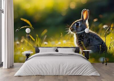 Grey rabbit resting in a sunny pastoral grass field on a bright day Wall mural