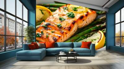 Grilled Salmon with Asparagus and Lemon Wedges for a Healthy Lunch or Dinner Wall mural