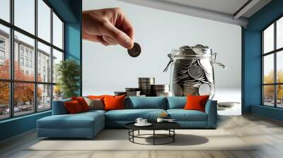 Hand depositing coins into a glass jar filled with silver coins, symbolizing financial planning and saving strategies on a clean white background Wall mural