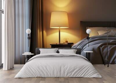 Hand gracefully turning off a floor lamp in a cozy bedroom setting Wall mural